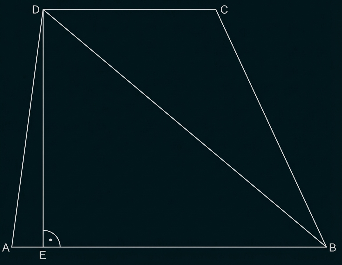 Trapez A-B-C-D mit senkrechter DE an der Basis bei E, Diagonale DB und markiertem Winkel bei E.